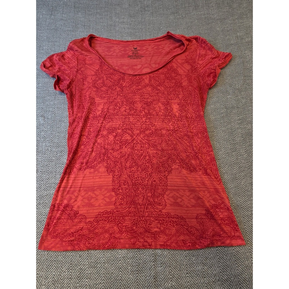 White Sierra T-Shirt Womens Medium Red Burnout Paisley Short Sleeve Scoop Neck